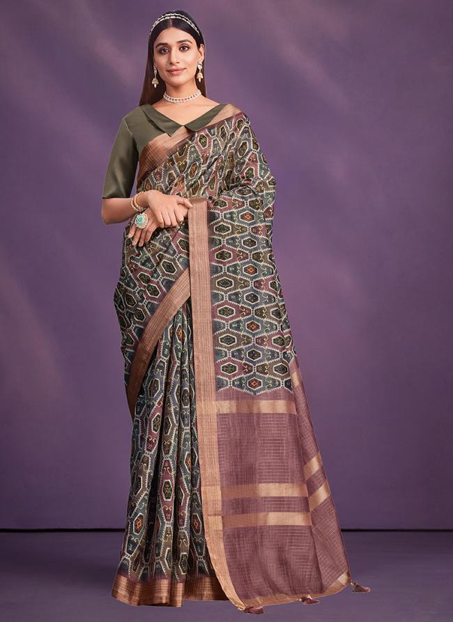 Tusser Silk Brown Wedding Wear Embroidery Work Saree